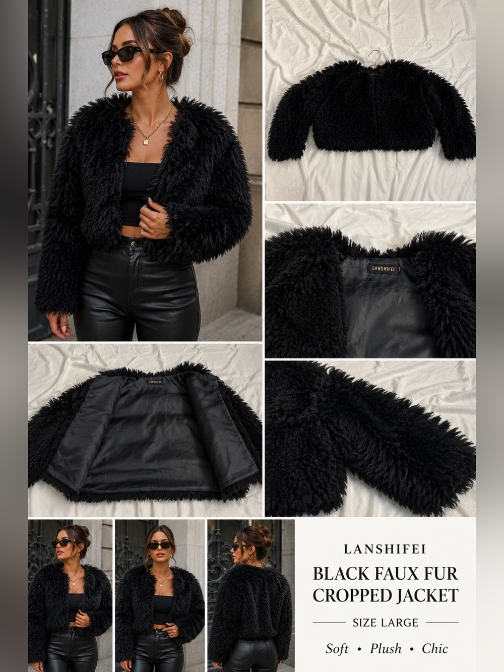 Lanshifei Black Faux Fur Cropped Jacket Women’s Size Large Soft Glam Coat